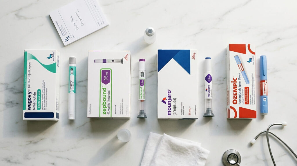Lineup of various GLP-1 medications including Wegovy, Zepbound, and Mounjaro