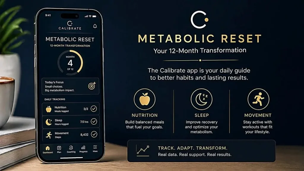 Calibrate app interface showing metabolic reset program with tracking for nutrition, sleep, and exercise in a premium dark mode design