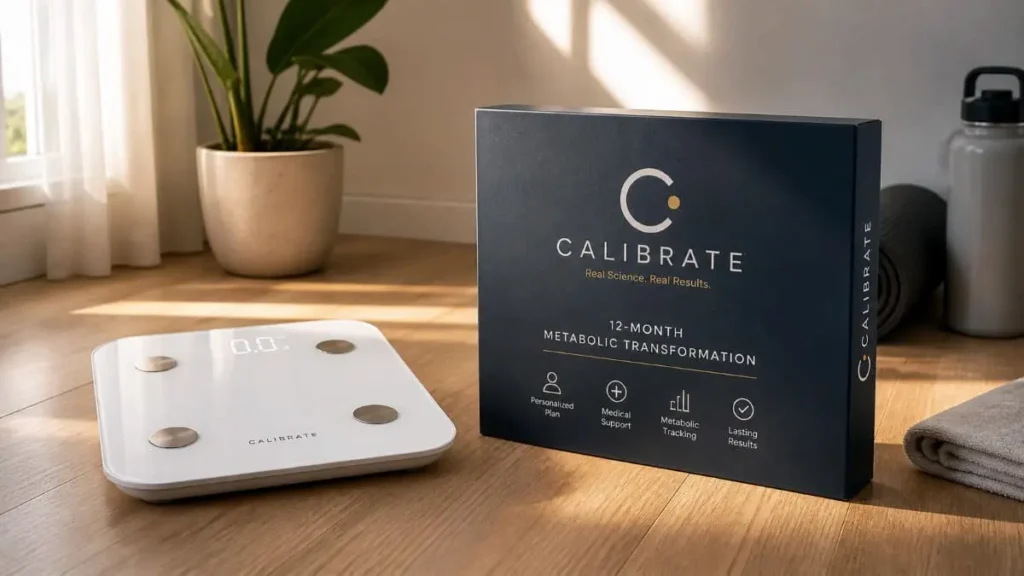 White smart scale on wooden floor next to Calibrate metabolic transformation program box in a bright wellness setting