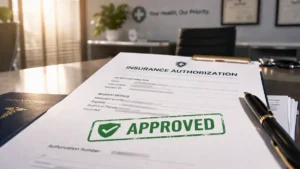 Approved insurance document on desk showing coverage for GLP-1 weight loss treatment in a professional medical office setting