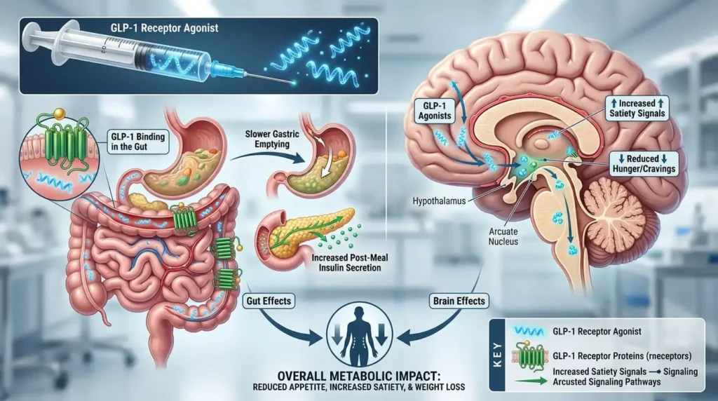Scientific illustration showing how GLP-1 receptor agonists work in the human body for weight loss