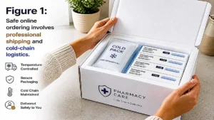 Opening insulated shipping box with cold pack and GLP-1 injection pens showing safe temperature-controlled delivery
