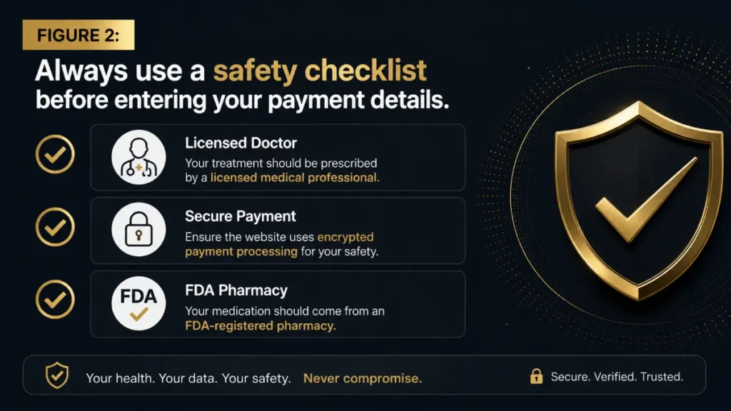 GLP-1 safety checklist infographic showing licensed doctor, secure payment, and FDA pharmacy verification before online purchase