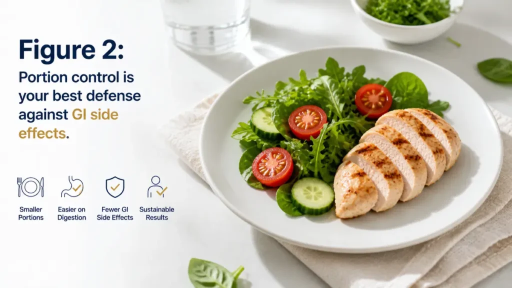 Small portion healthy meal with lean protein and fresh vegetables illustrating portion control to manage GLP-1 digestive side effects
