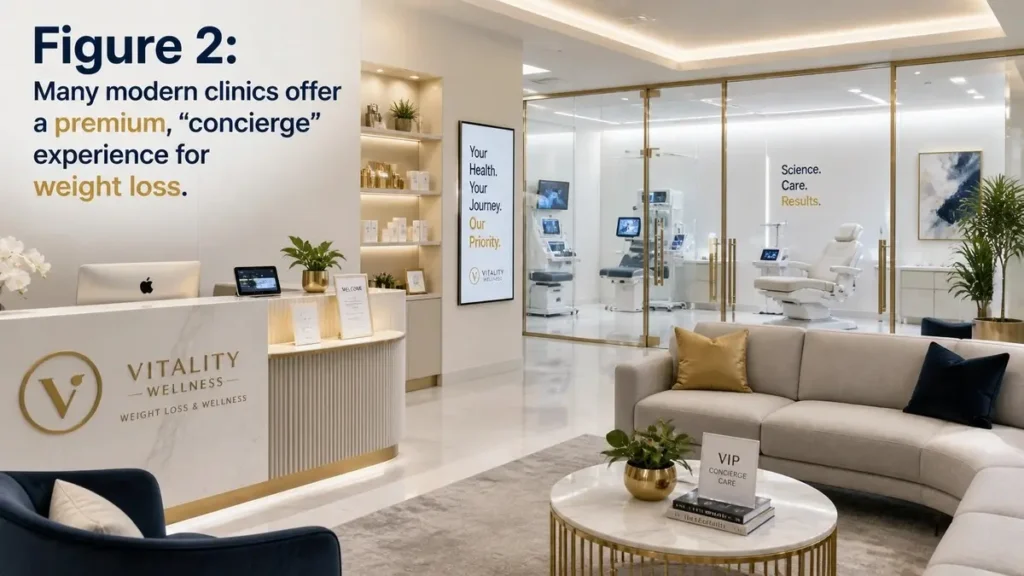 Modern luxury medical clinic interior offering concierge GLP-1 weight loss services with high-end equipment and comfortable waiting area