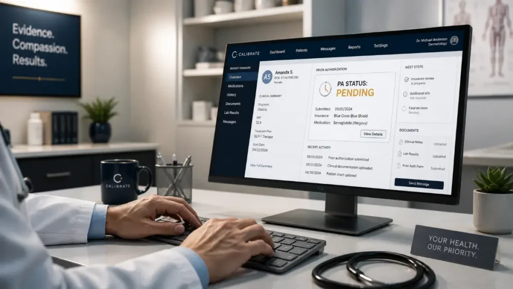 Doctor typing on computer with prior authorization status pending for GLP-1 treatment in a modern medical office