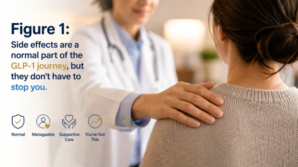 Doctor placing a reassuring hand on patient shoulder to explain GLP-1 side effects during weight loss treatment