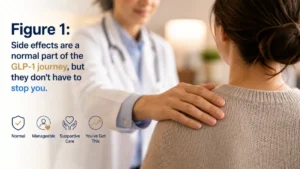 Doctor placing a reassuring hand on patient shoulder to explain GLP-1 side effects during weight loss treatment