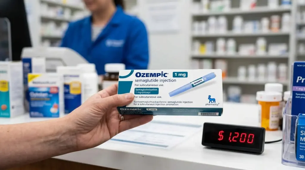 Close-up of an Ozempic box with a high price tag at a pharmacy counter