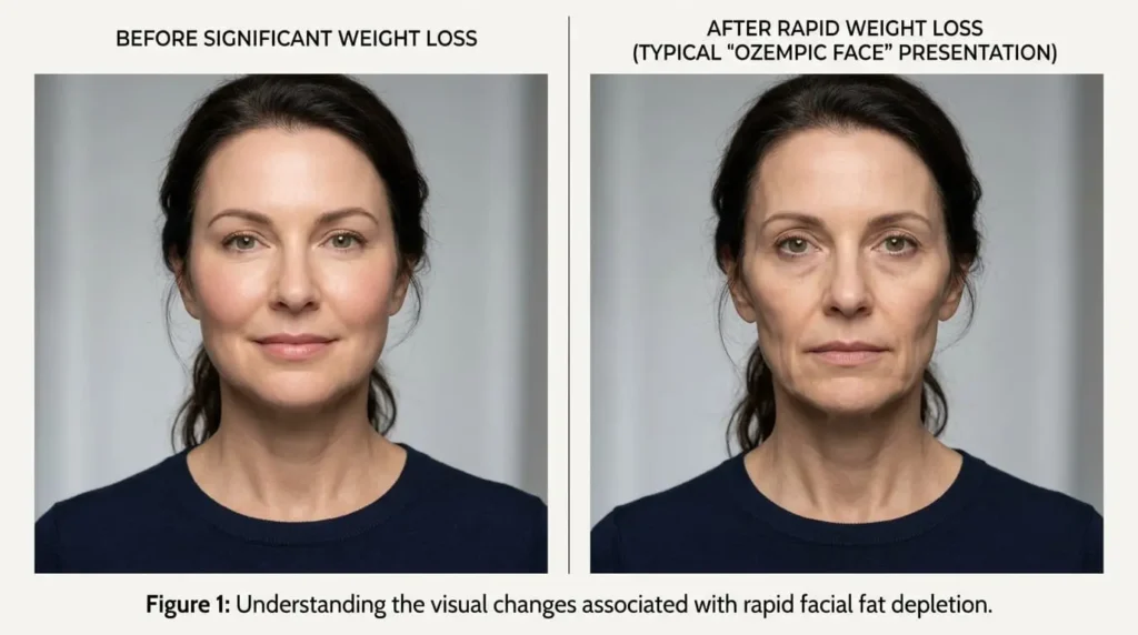 Comparison of facial volume before and after rapid weight loss showing the ozempic face meaning