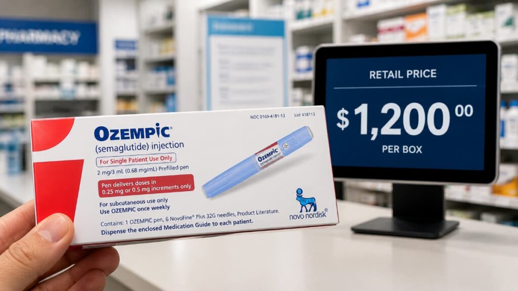 Hand holding Ozempic box in pharmacy with digital display showing $1200 retail price for weight loss medication