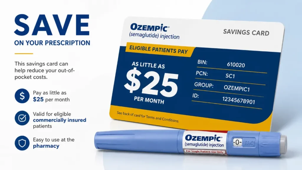 Ozempic savings card showing discount offer to reduce monthly cost of GLP-1 weight loss medication