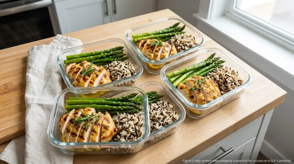 Healthy high-protein meal prep containers featuring grilled chicken and vegetables for a semaglutide diet